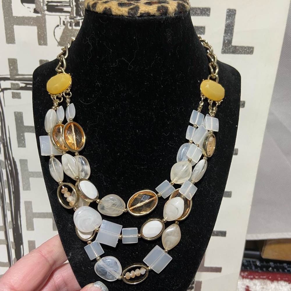 Triple Strand Yellow Frosted Cube Oval Bead Necklace Geometric